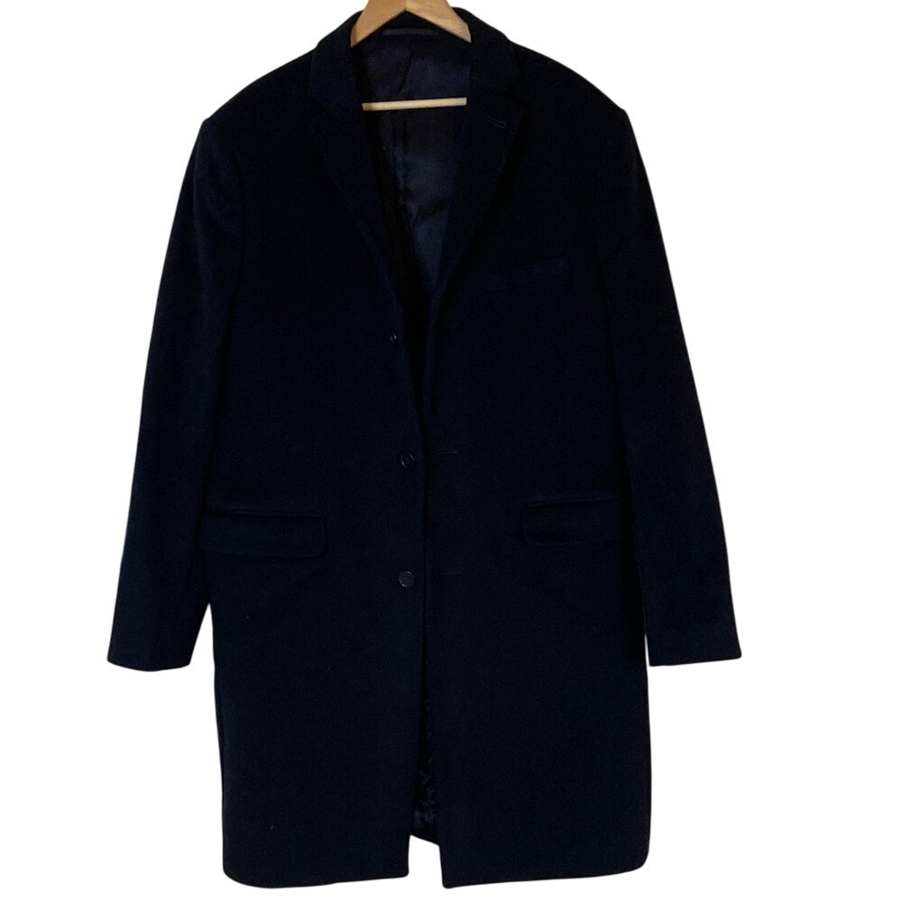 H&M Men's Wool Cashmere Classic Navy Long Overcoat Size 46R Fully Lined